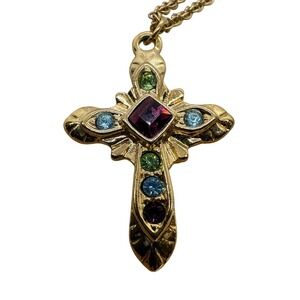 Vintage Premier Designs Gold Tone Multi Color Rhinestone Cross Necklace 18 Inch